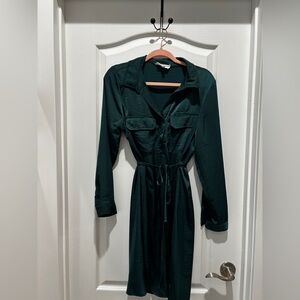 Lucky Brand Forest Green Long-Sleeve Shirt Dress with Waist Tie